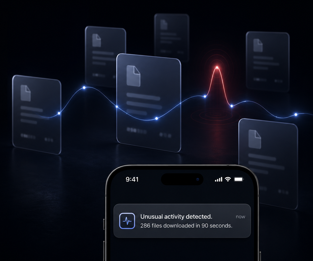 Translucent file cards linked by a pulse line, with a phone warning about unusual activity