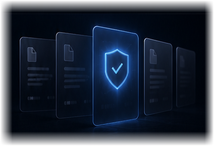 Glassy file cards with a glowing shield and checkmark
